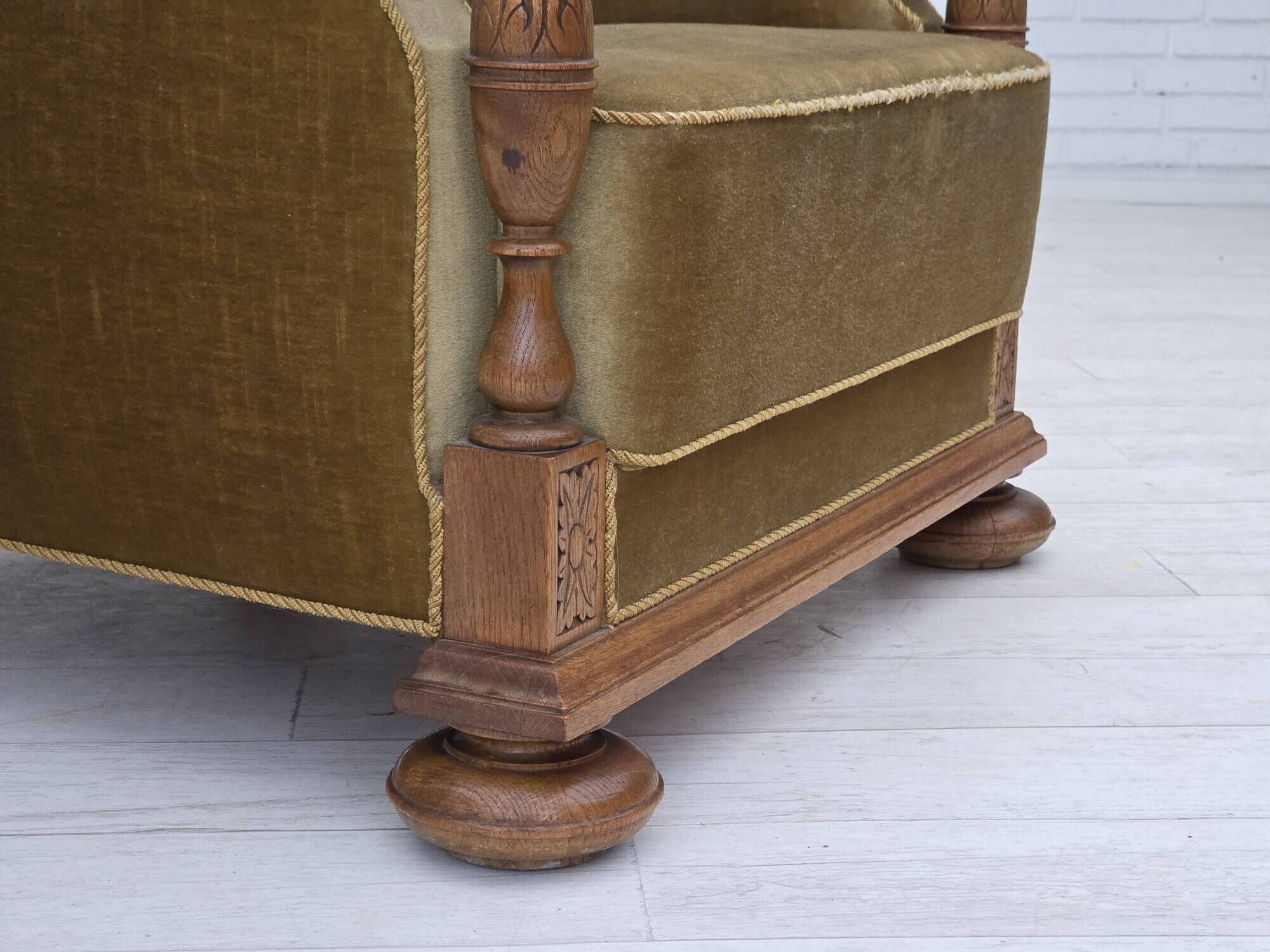 1960s, Danish armchair, green furniture velour, solid carved oak wood.