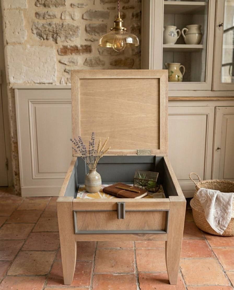 Table d'appoint, coffre en chêne massif