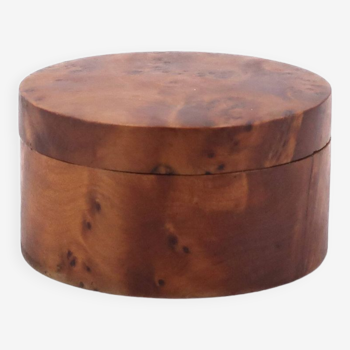 Boîte ronde en bois loupe d'orme, années 60