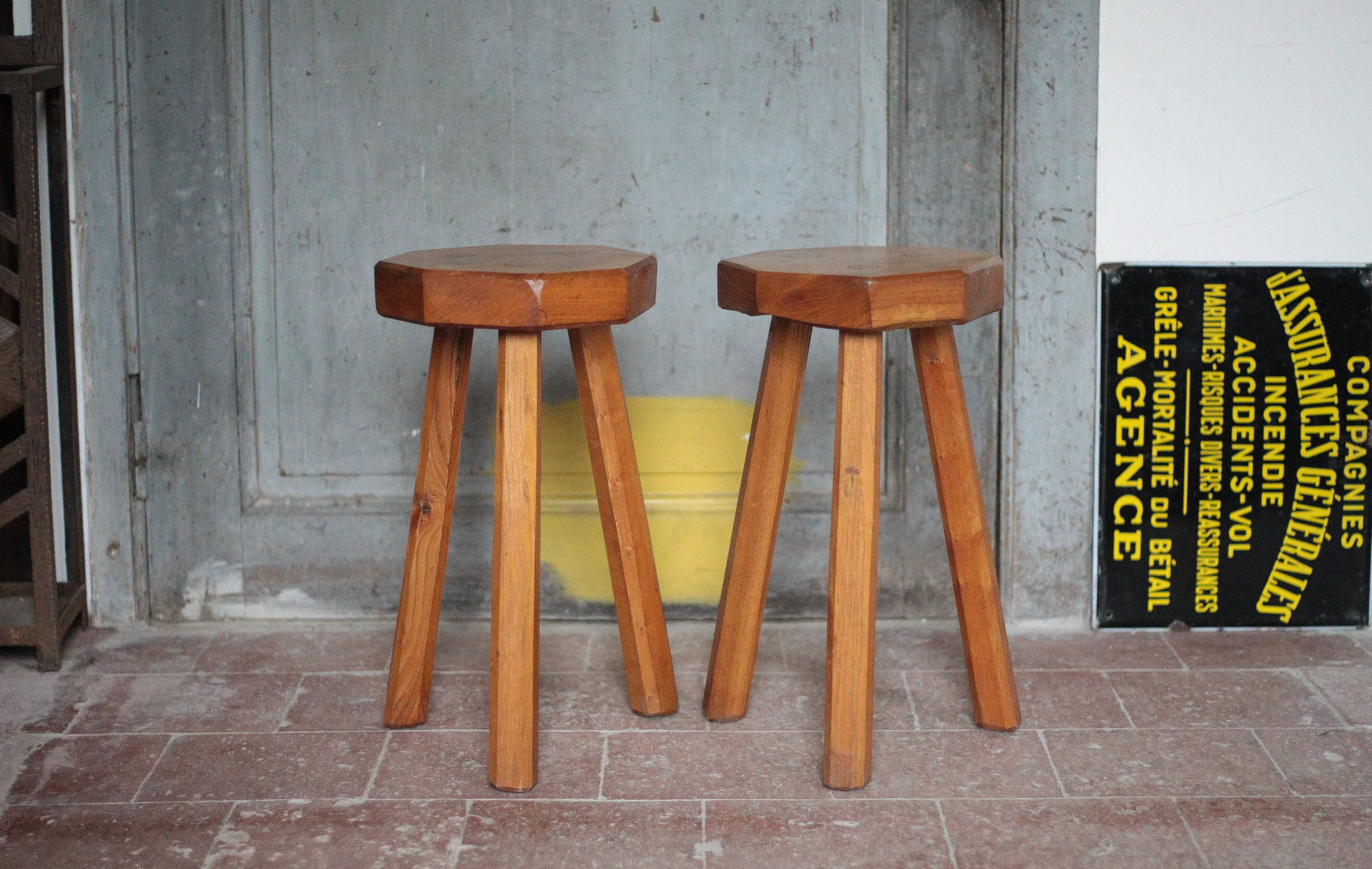 Paire de Tabouret vintage , tabouret bois octogonal , tabouret tripode