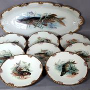 Antique fish service J. Pouyat porcelain Limoges plate 61 cm, 8 plates