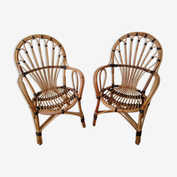 Pair of rattan and wicker two-tone 70s chairs