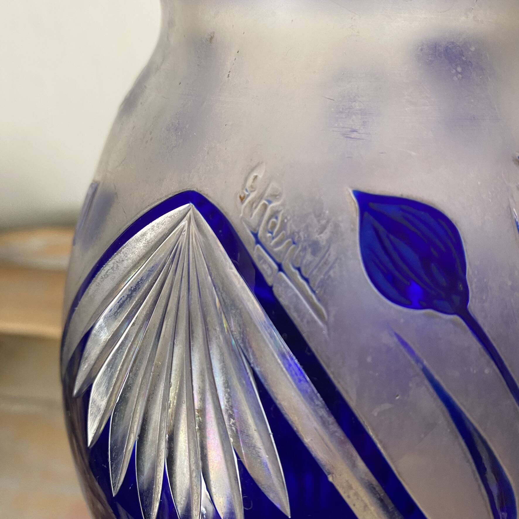 Cobalt blue double crystal vase signed G. Raspiller