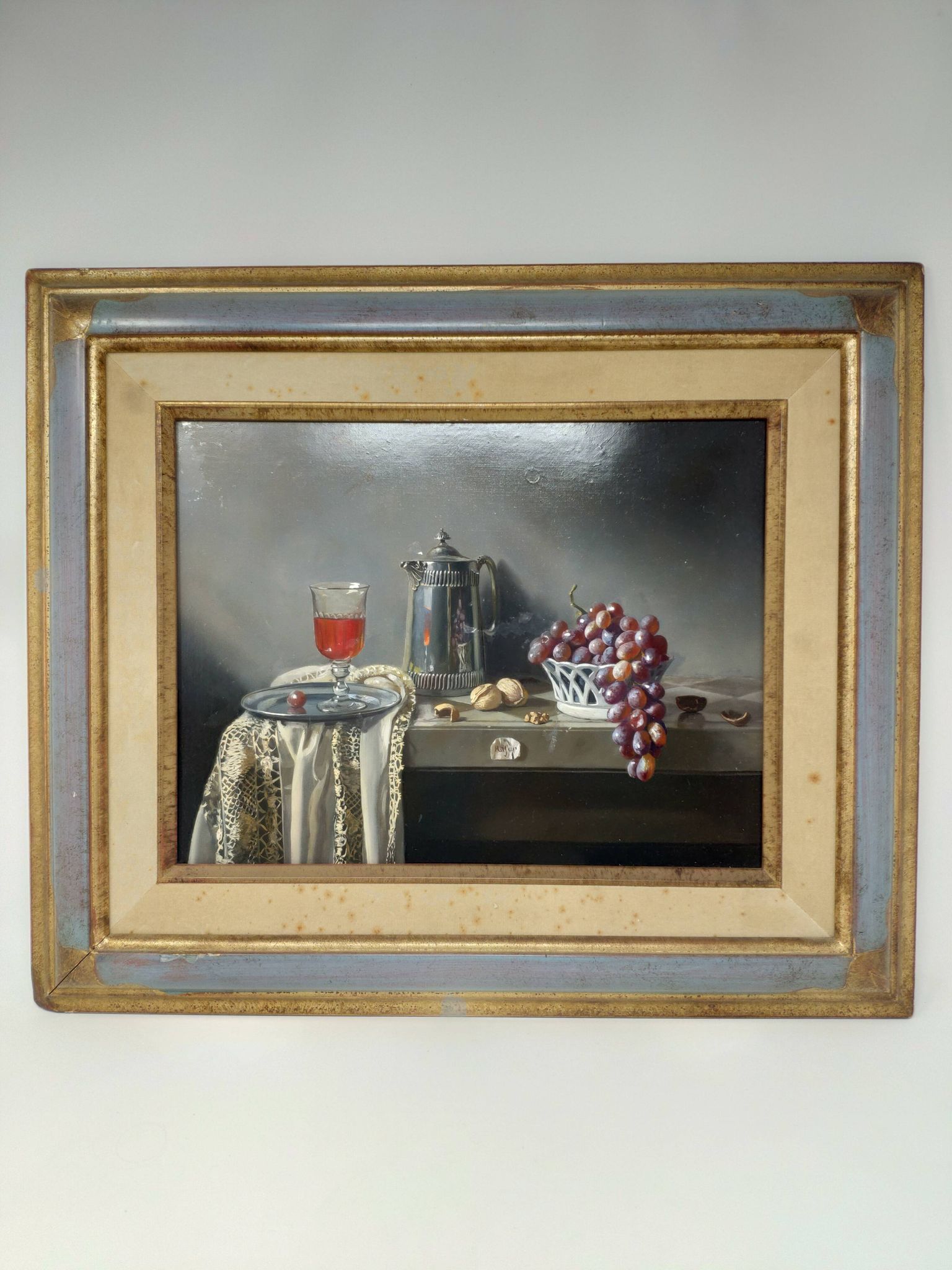 Oil painting still life stone shaving jug walnut and grape