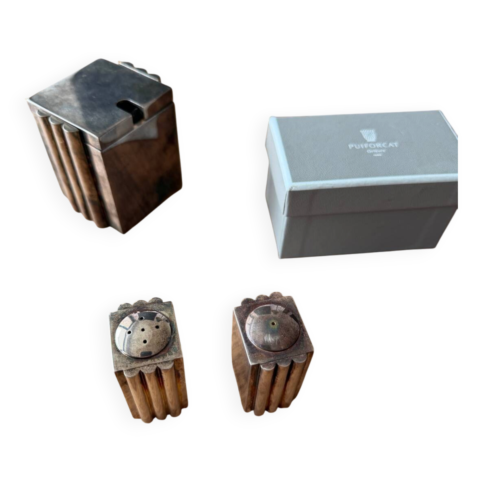 Puiforcat salt cellar, pepper shaker and mustard pot