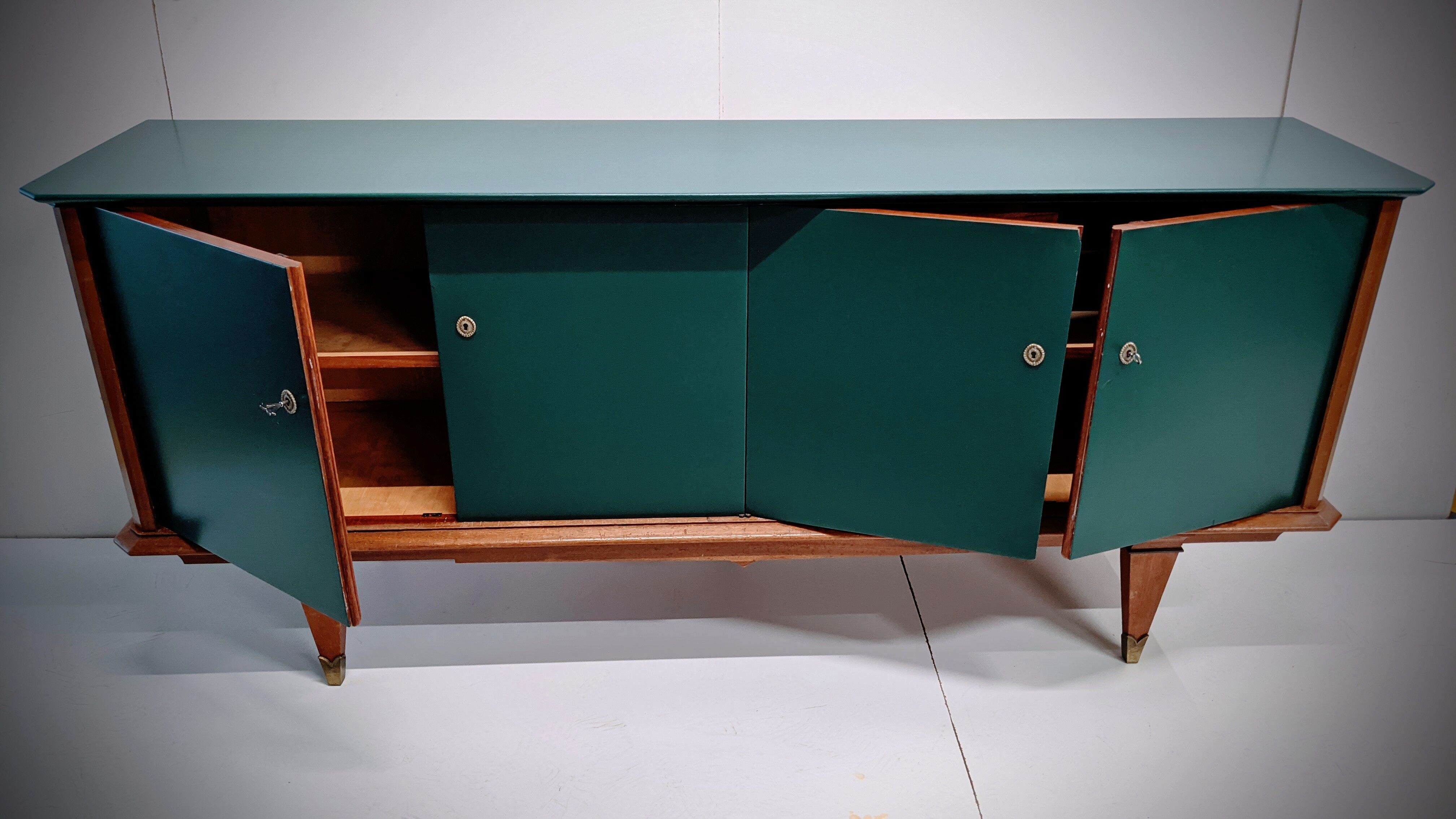 Vintage wooden low sideboard, compass feet