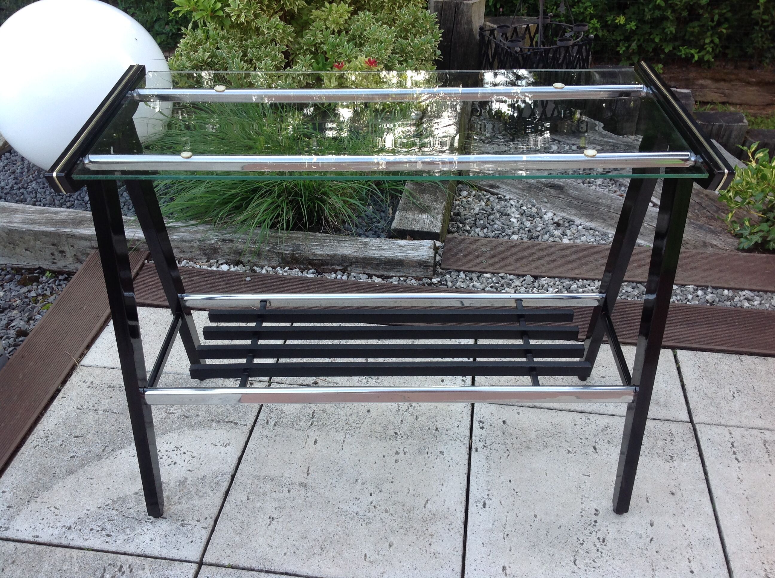 Console in black lacquered wood and chromed metal / vintage 60s-70s