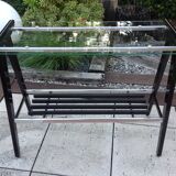 Console in black lacquered wood and chromed metal / vintage 60s-70s