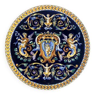 Plat à tarte gâteau Gien Renaissance fond bleu  1971/1984