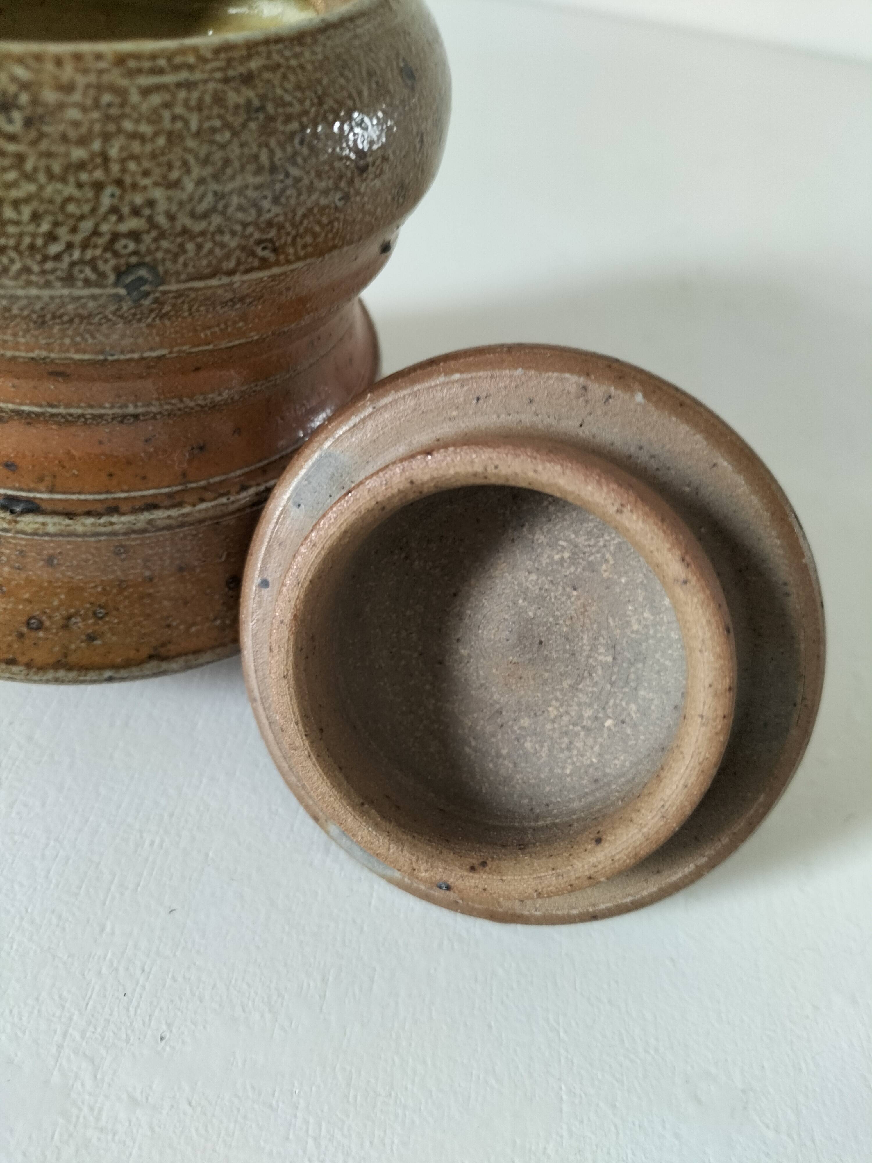 Covered pot in artisanal stoneware with an owl – signed Plume