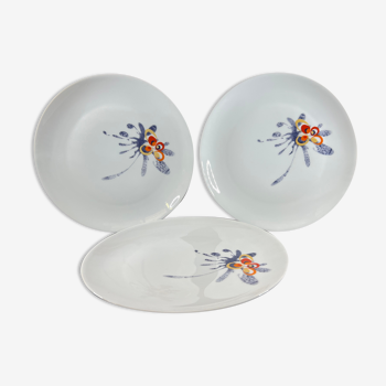 3 flat white porcelain plates Limoges Tharaud floral decoration
