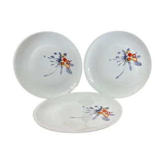 3 assiettes plates blanche en porcelaine Limoges Tharaud décor floral