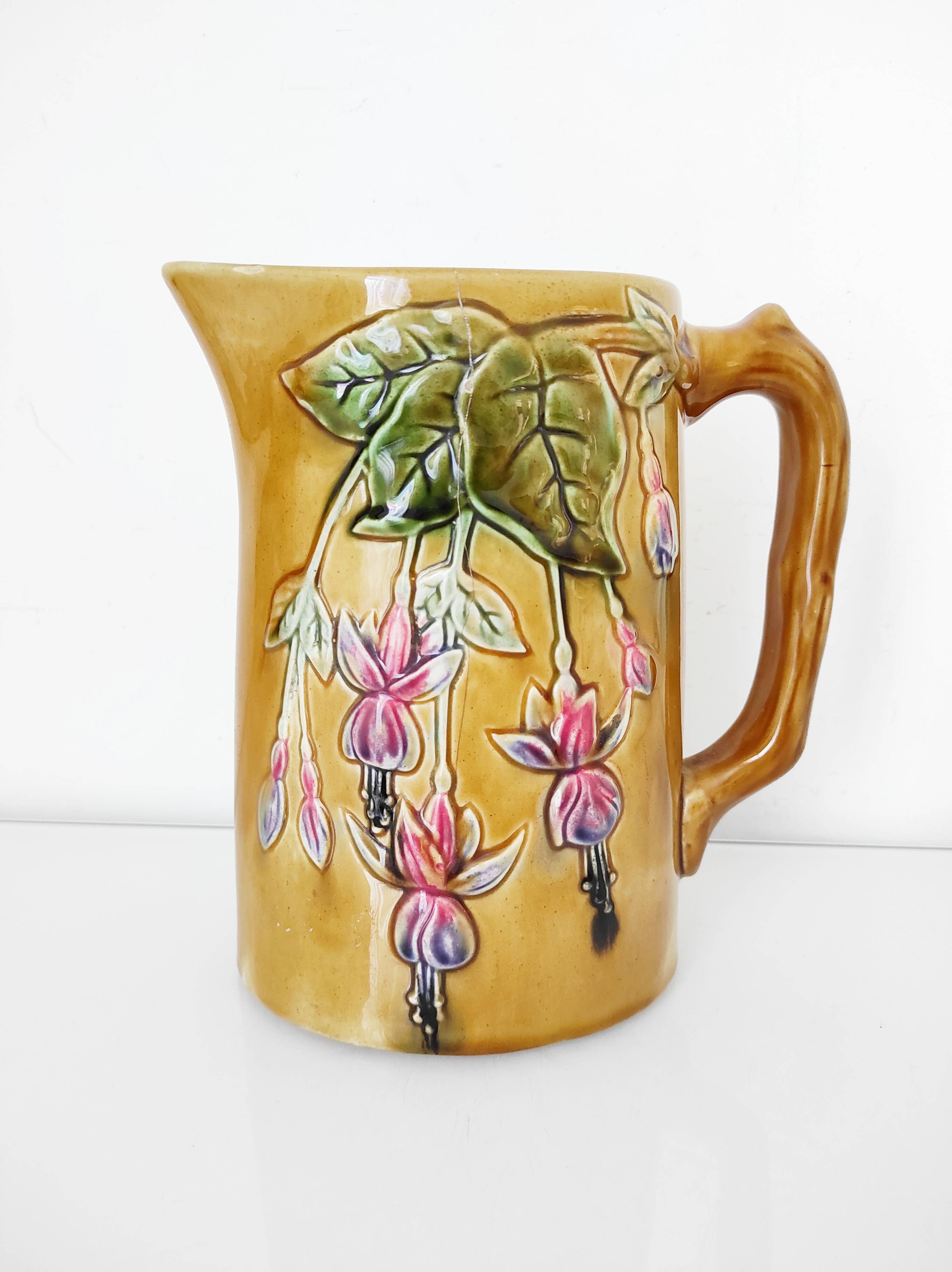 1900 earthenware pitcher with pink flowers
