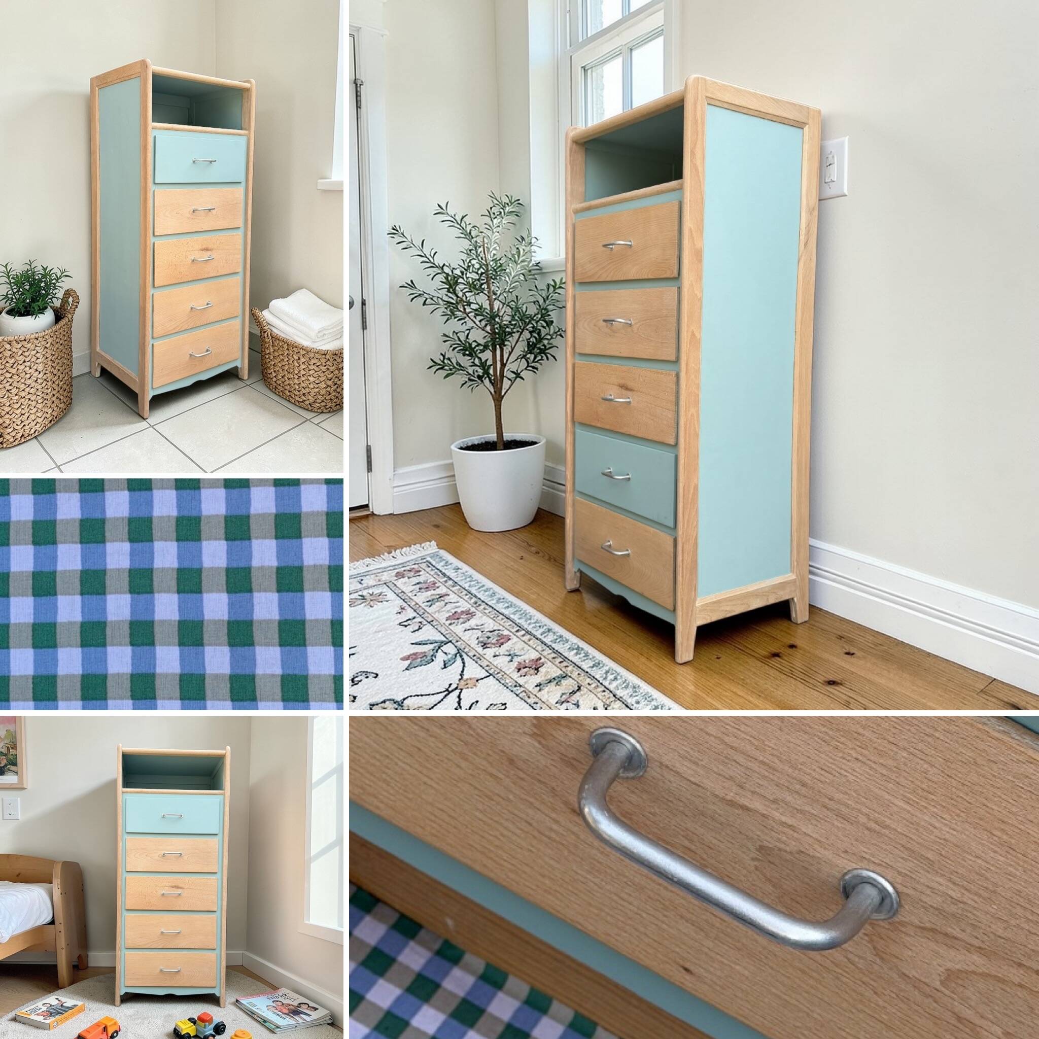Vintage tall chest of drawers in raw wood and grey-blue from the 1950s.