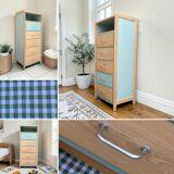 Vintage tall chest of drawers in raw wood and grey-blue from the 1950s.