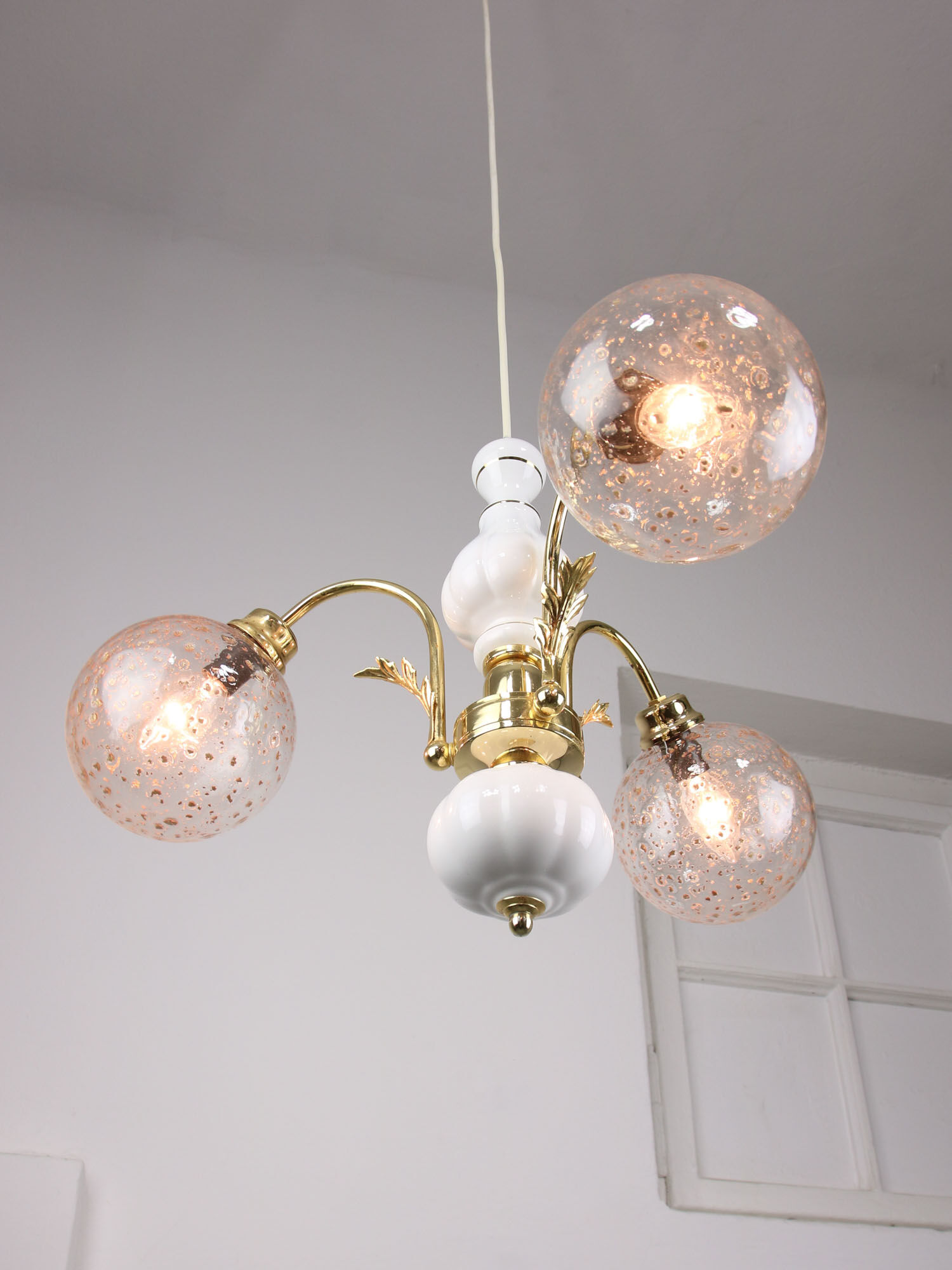 Vintage Italian Golden Ceramic & Glass Chandelier