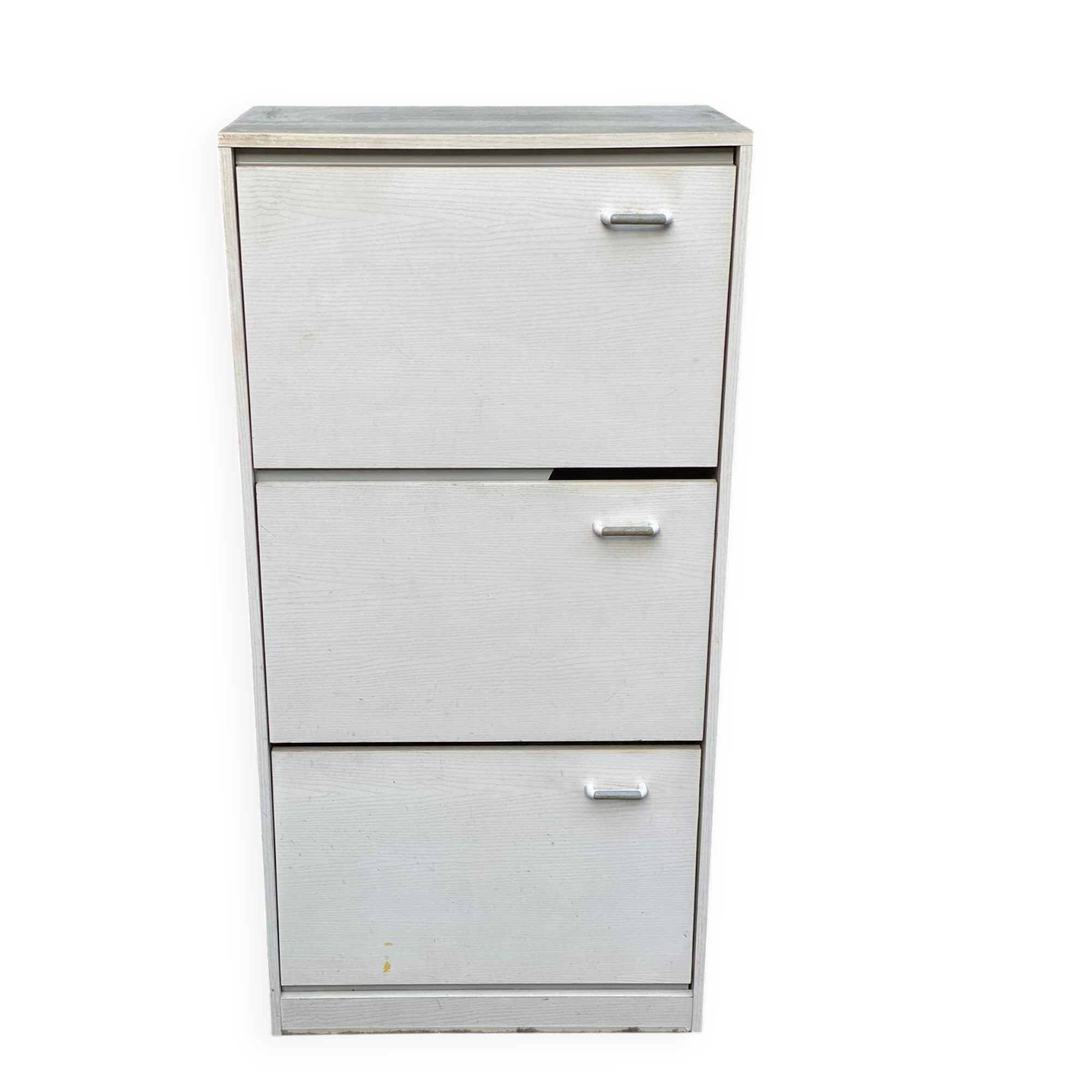 Scandinavian shoe cabinet with 3 beige wooden compartments from the 80s