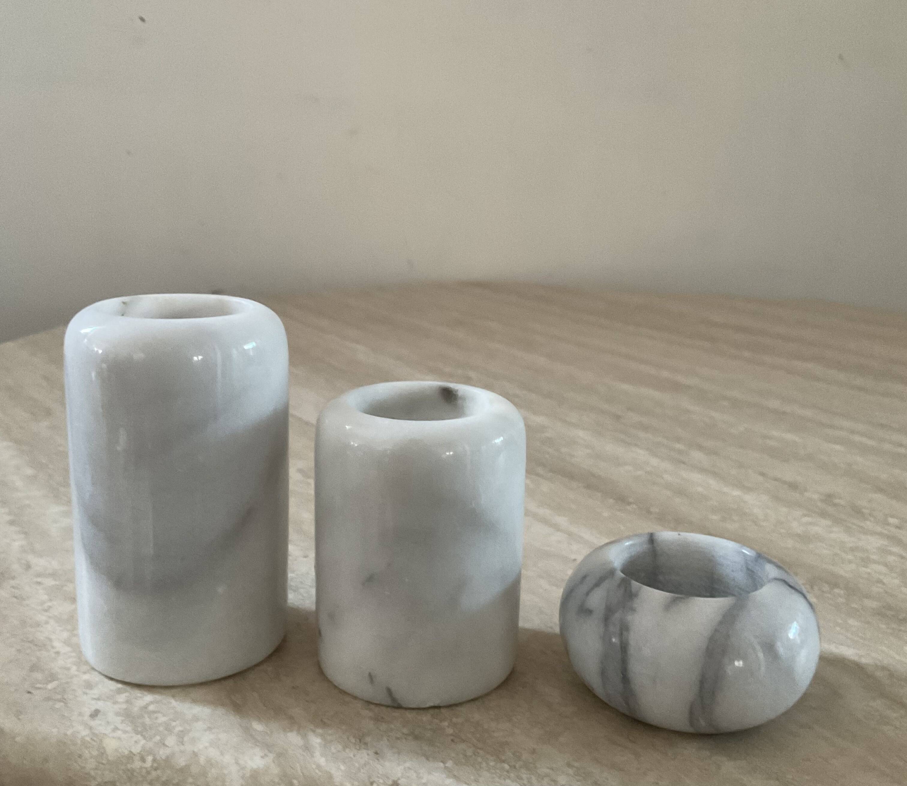 Trio of vintage white marble candle holders