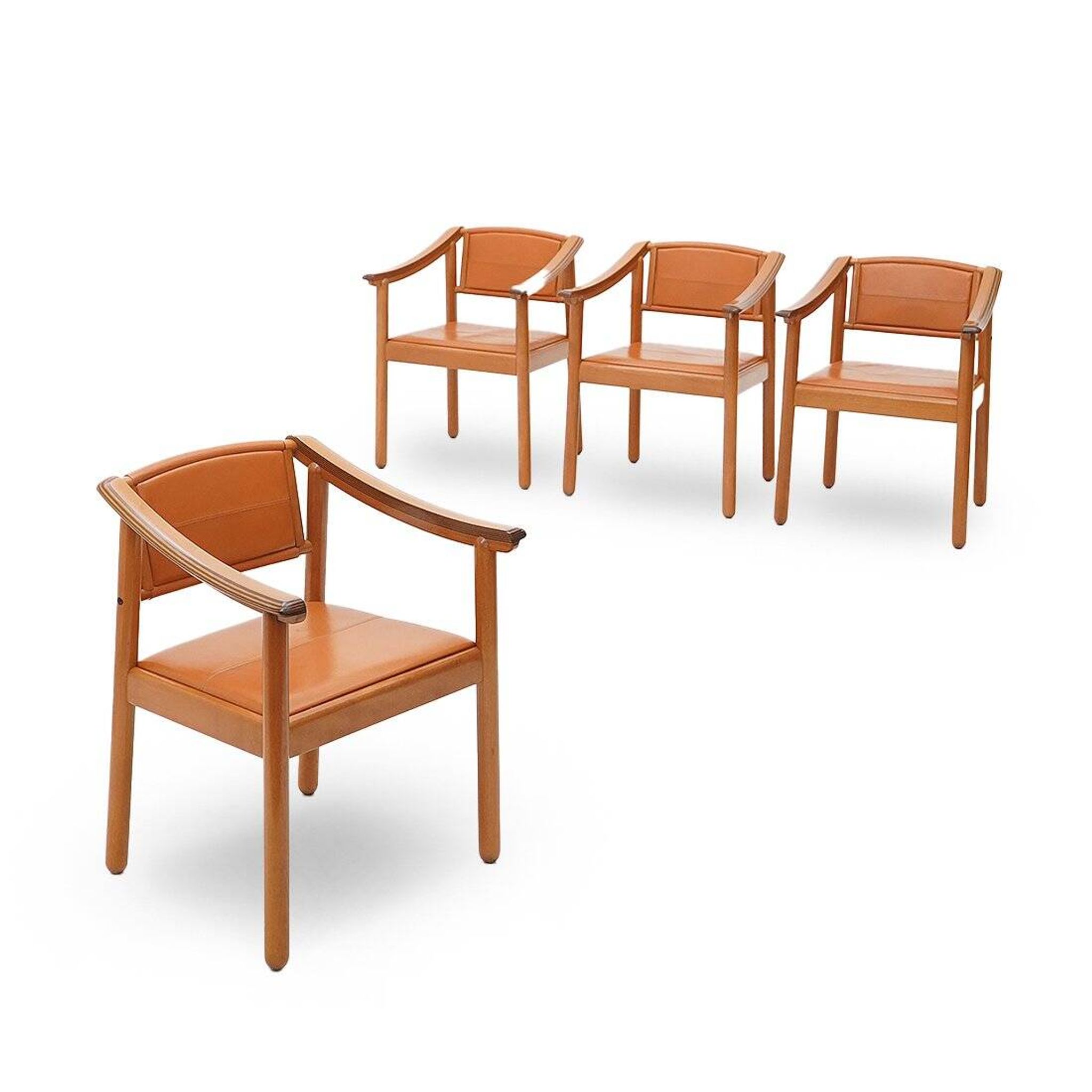 Wood and leather chairs, 1970s, set of 4