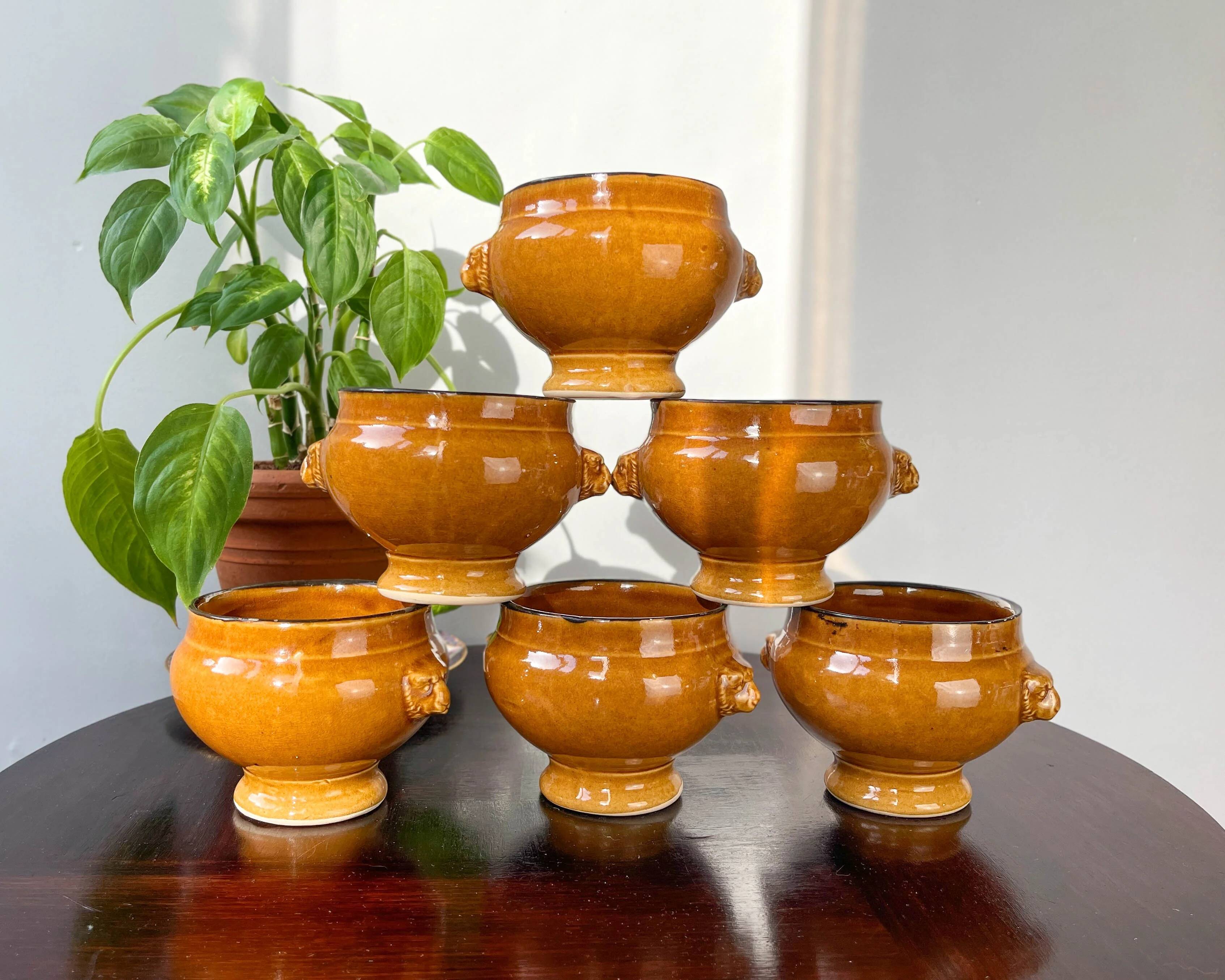 6 onion soup bowls in ochre glazed stoneware by Emile Henry