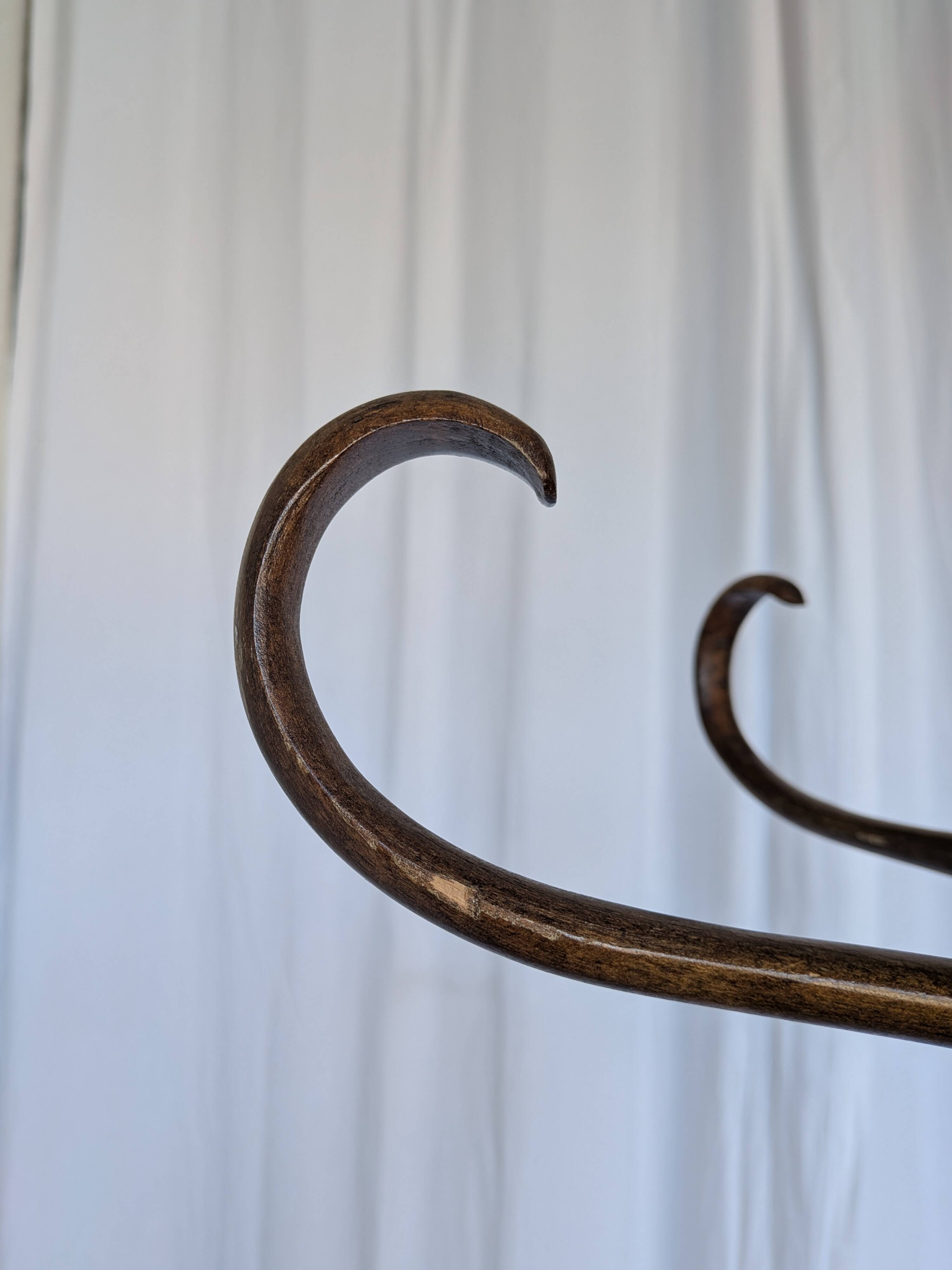 Vintage bentwood coat rack in Thonet style / Dark wood coat rack with shadow.