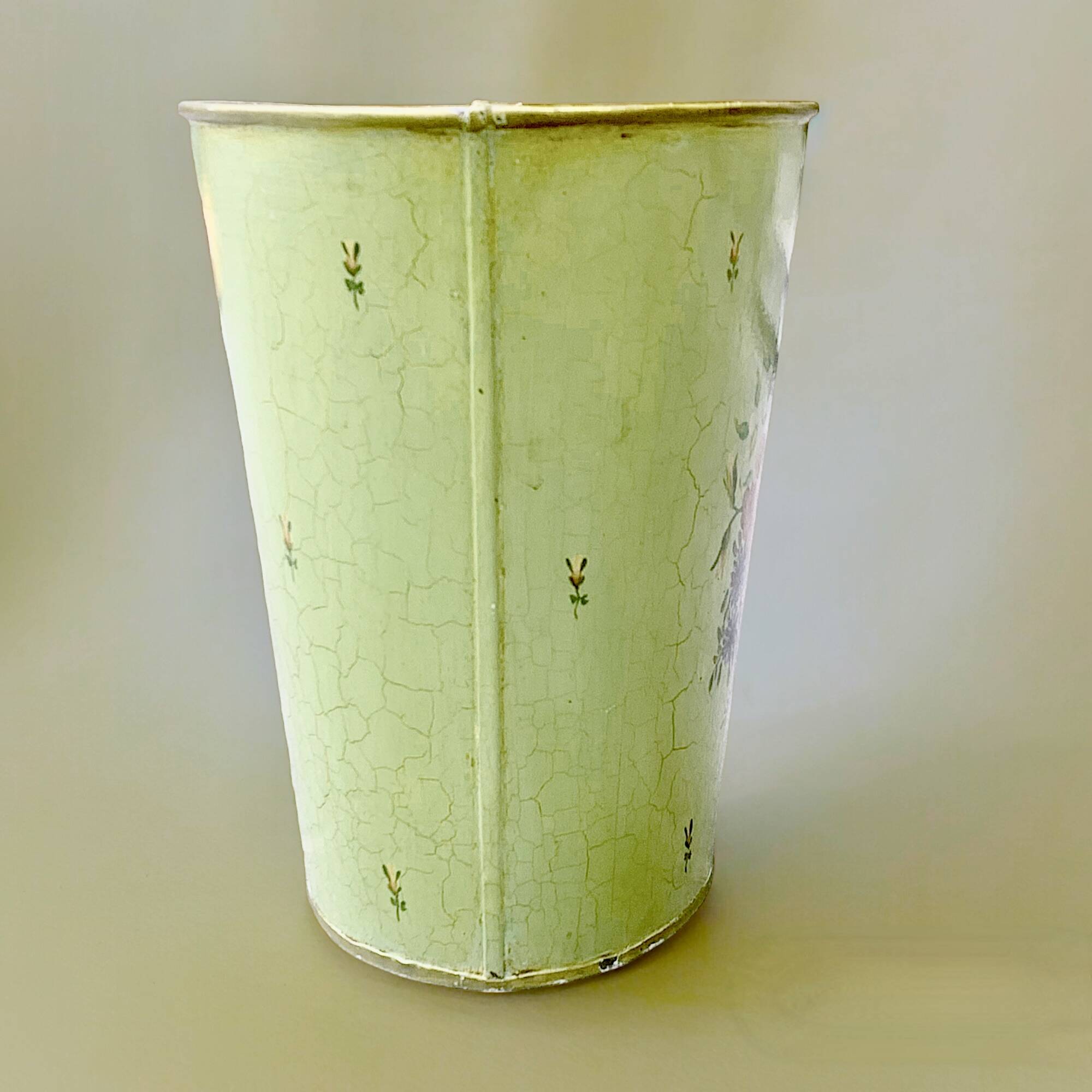 Vintage enameled sheet metal wastebasket - floral decor