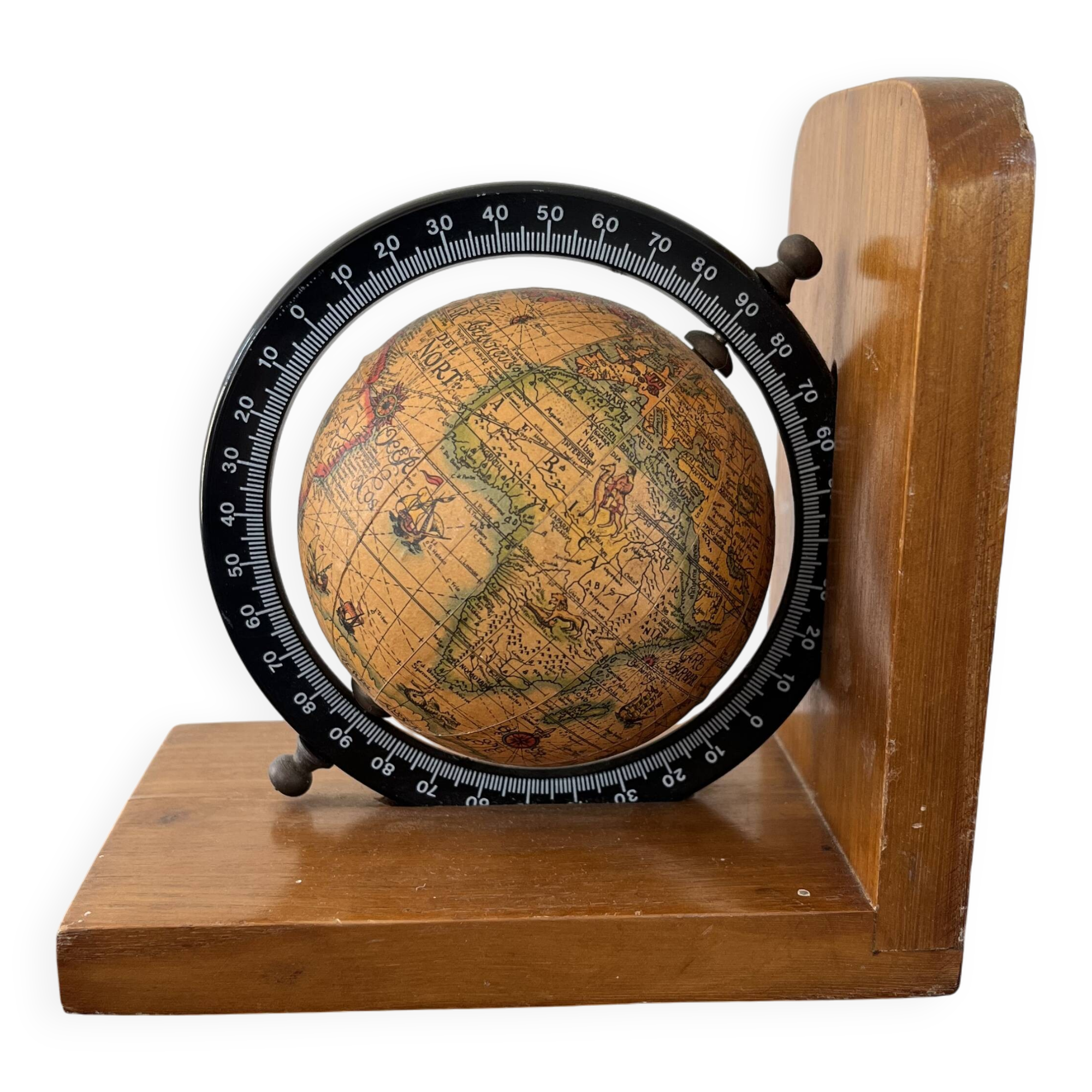 Rotating globe bookends on wooden base