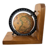 Serre-livres globe terrestre pivotant sur socle en bois