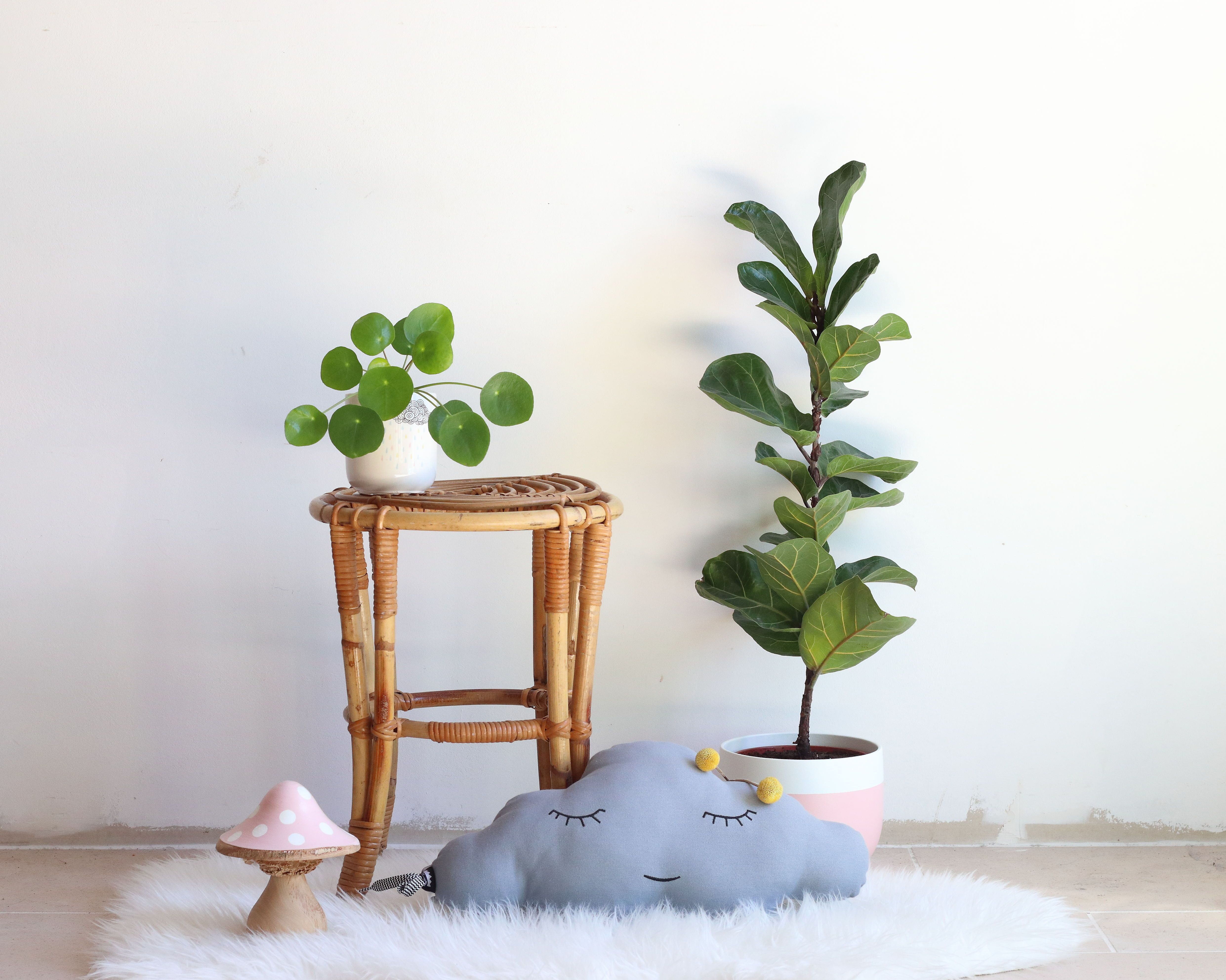 Stool-end of sofa-plant holder in rattan of years 60