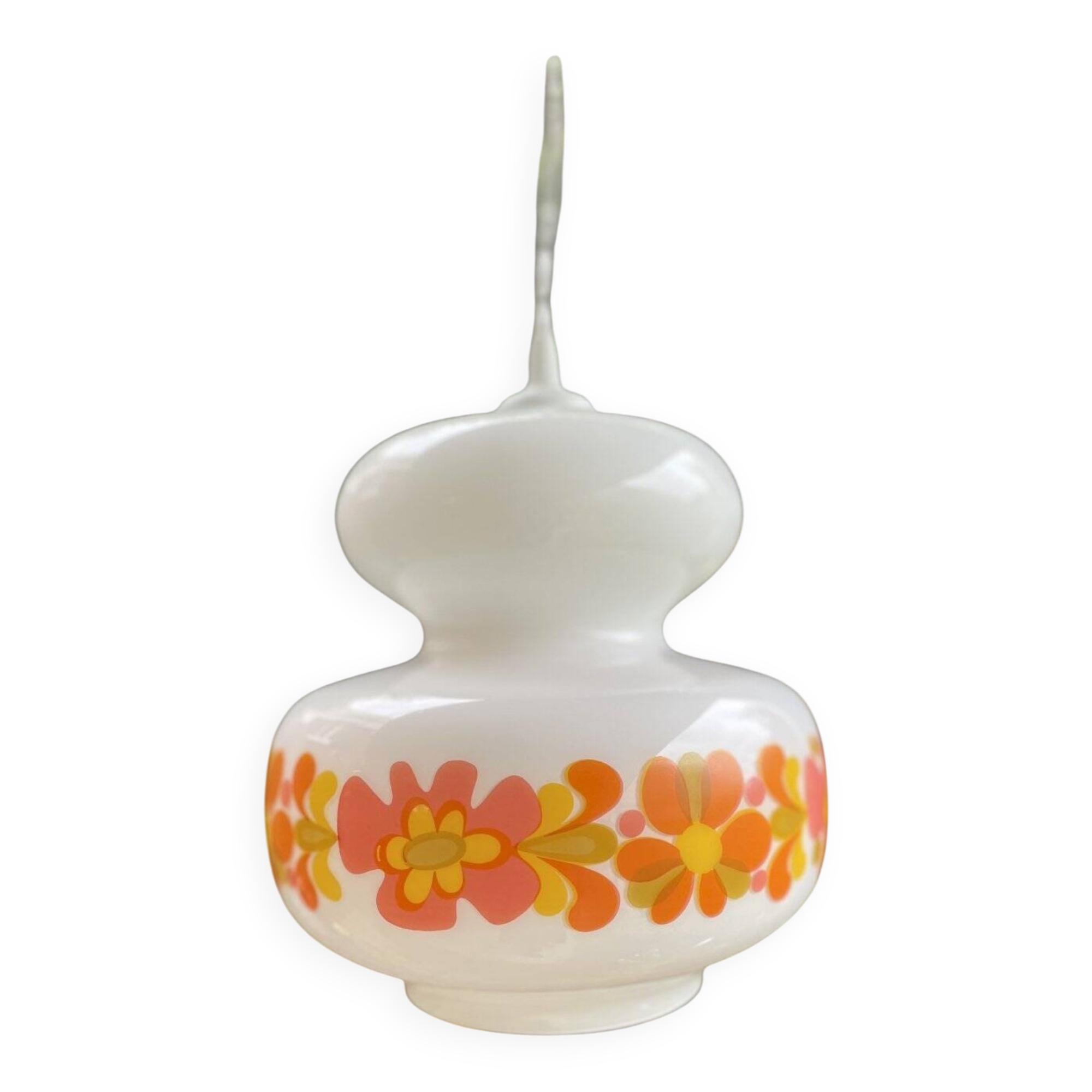 White opaline pendant light with floral decor from the 60s and 70s