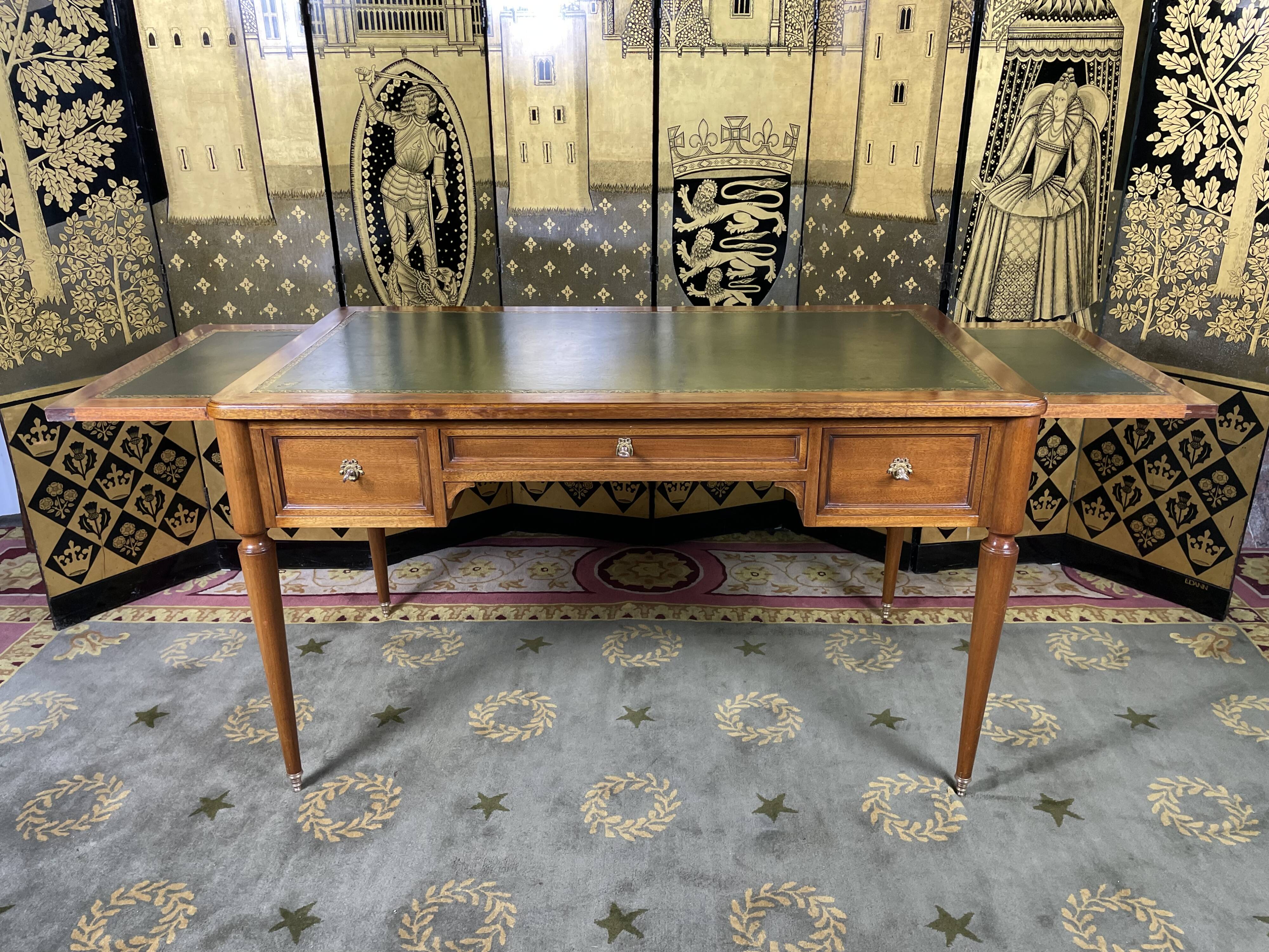 Louis XVI style flat desk in mahogany and green leather