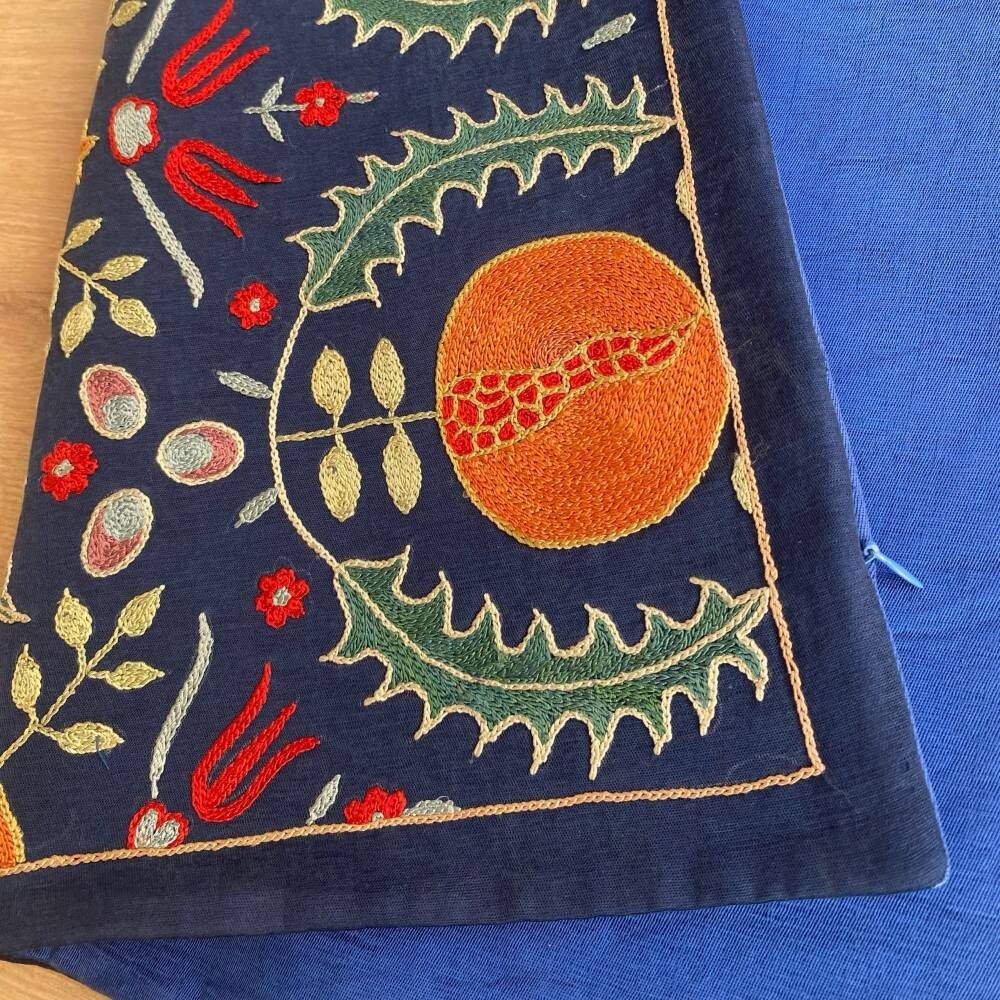 Silk Embroidered Pomegranate Design Cushion Cover. Navy Blue Throw Pillow Case. Traditional Accent Pillow