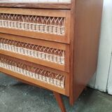Commode vintage rotin pieds compas