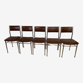 Set of 5 brown skaï chairs 1970