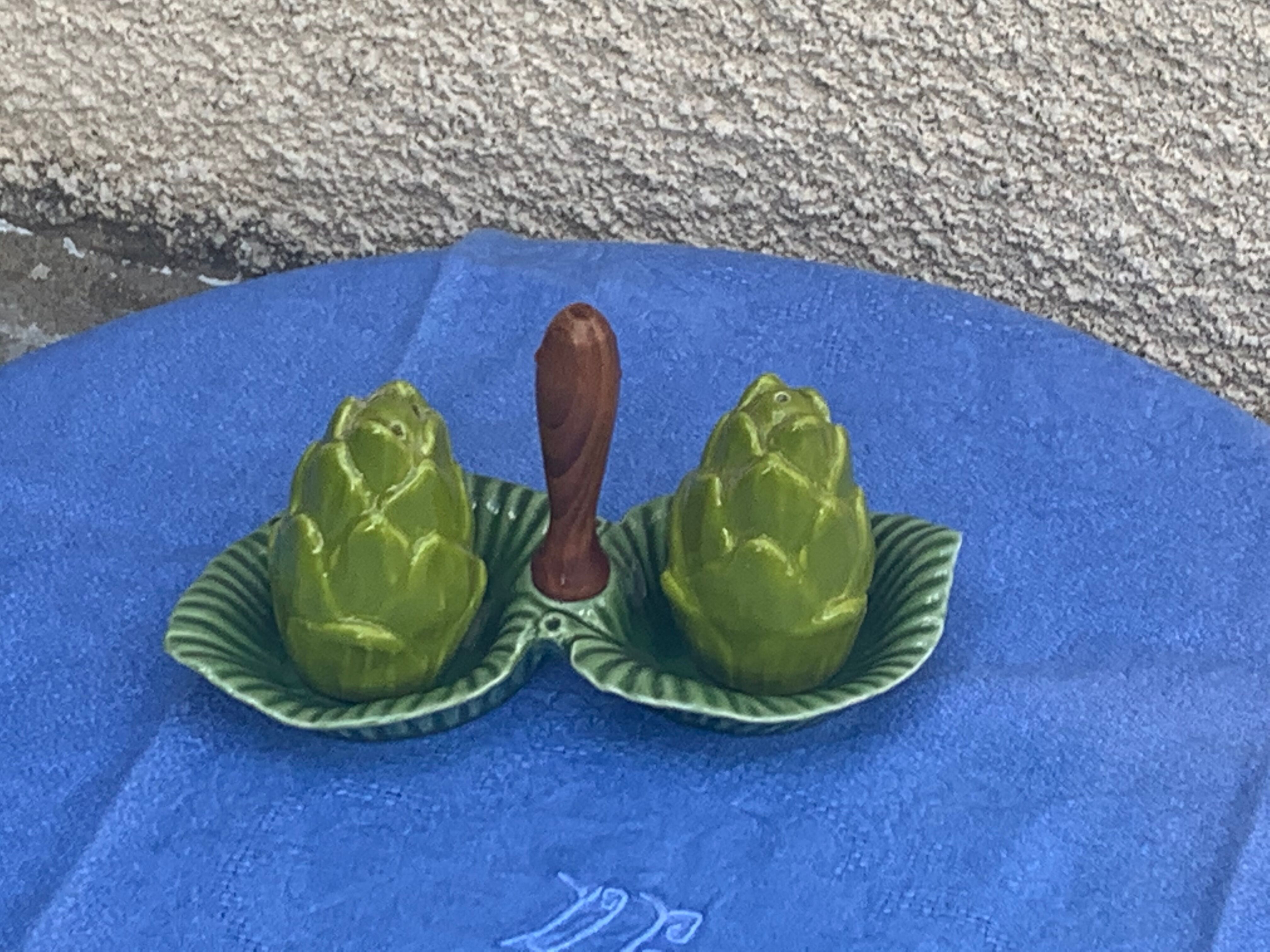 Vintage glazed ceramic barbotine artichoke shaped salt cellars