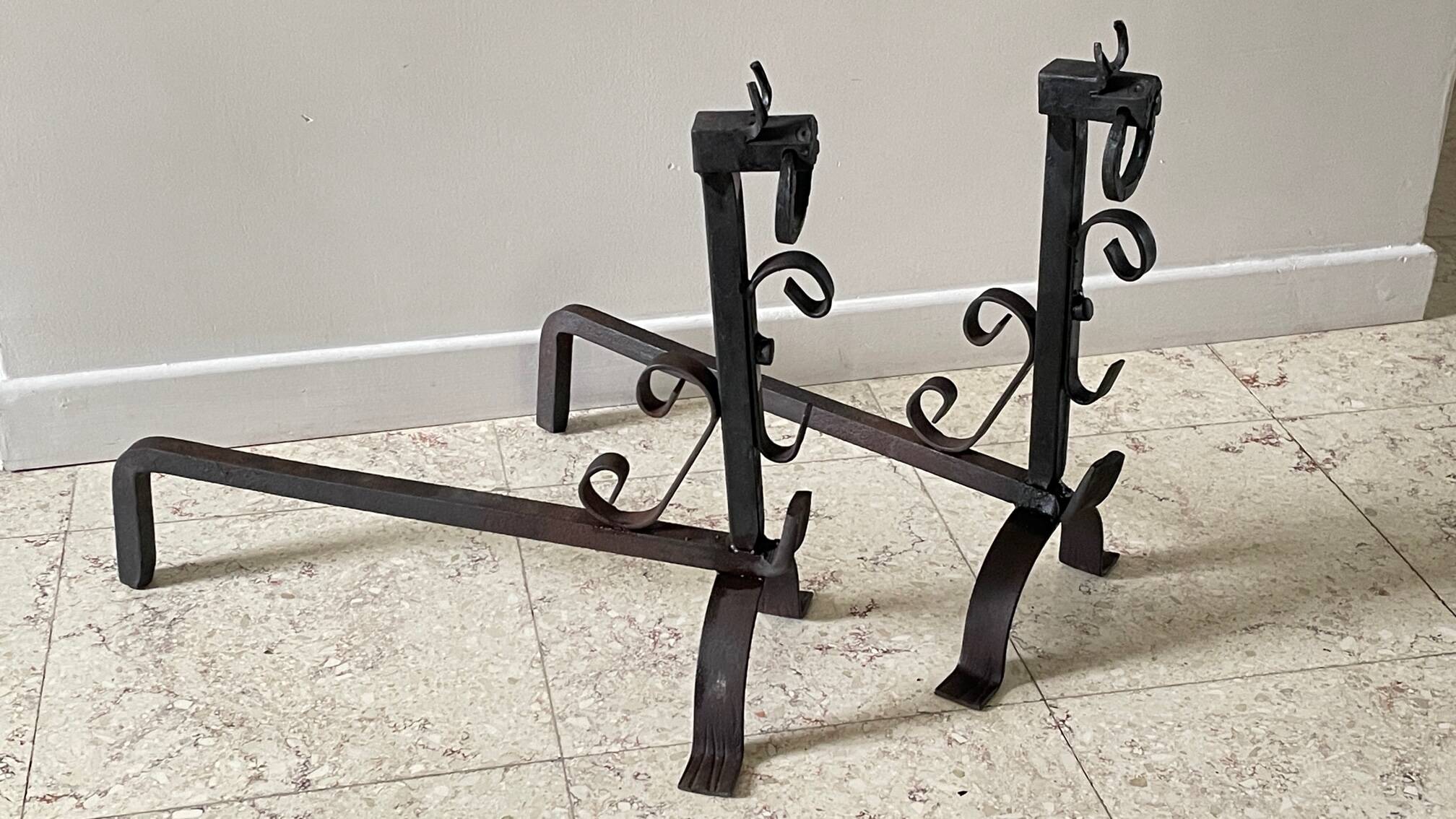 Pair of vintage steel brutalist andirons