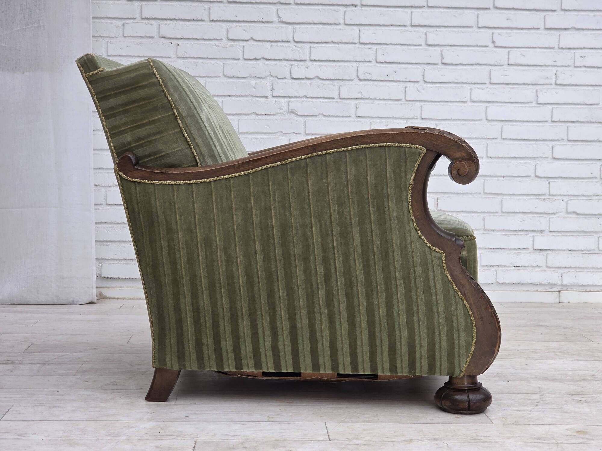 1950s, Danish relax armchair, green furniture velour, carved oak wood.