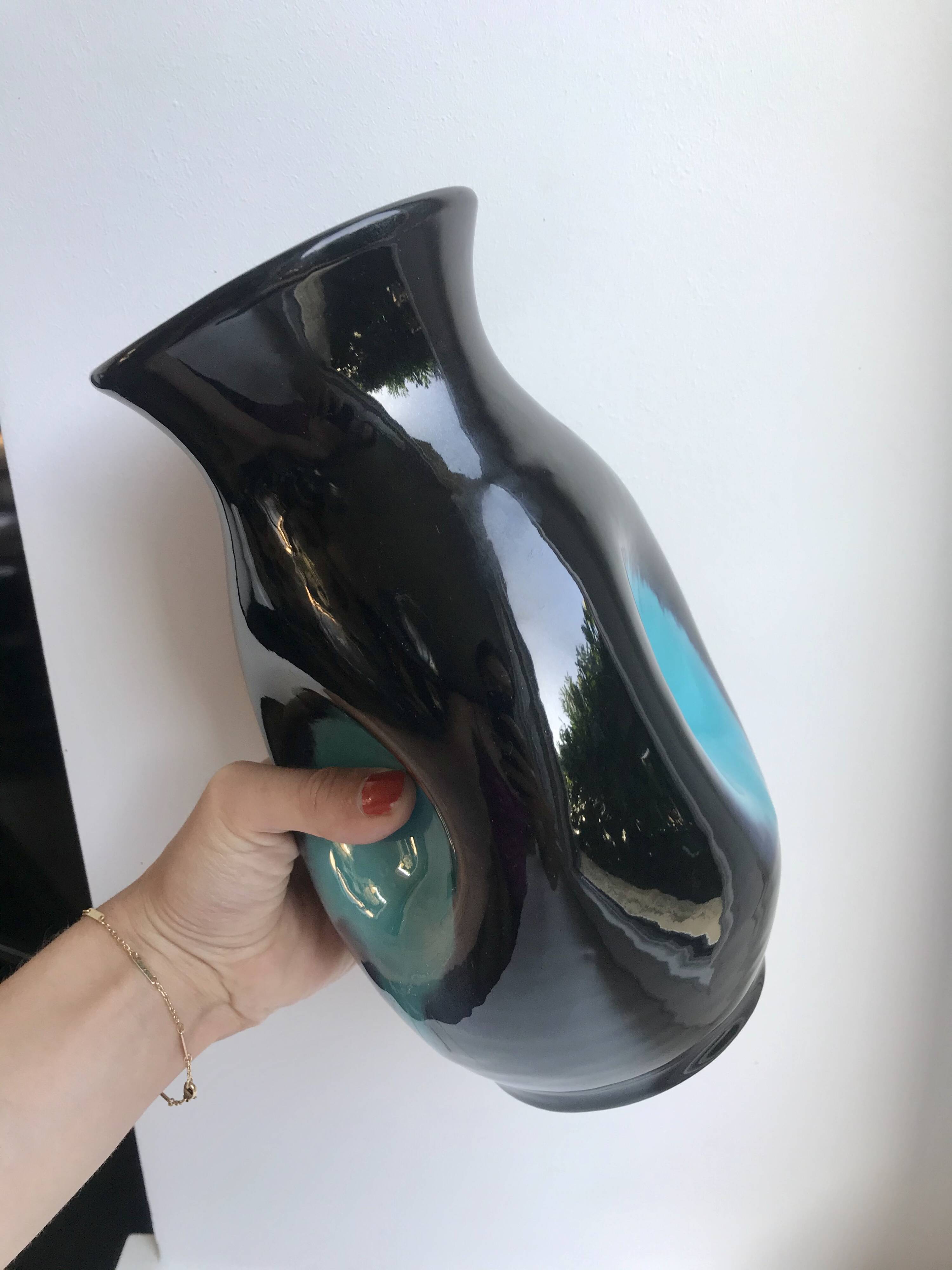 free-form design vase in black and blue ceramic from the 70s