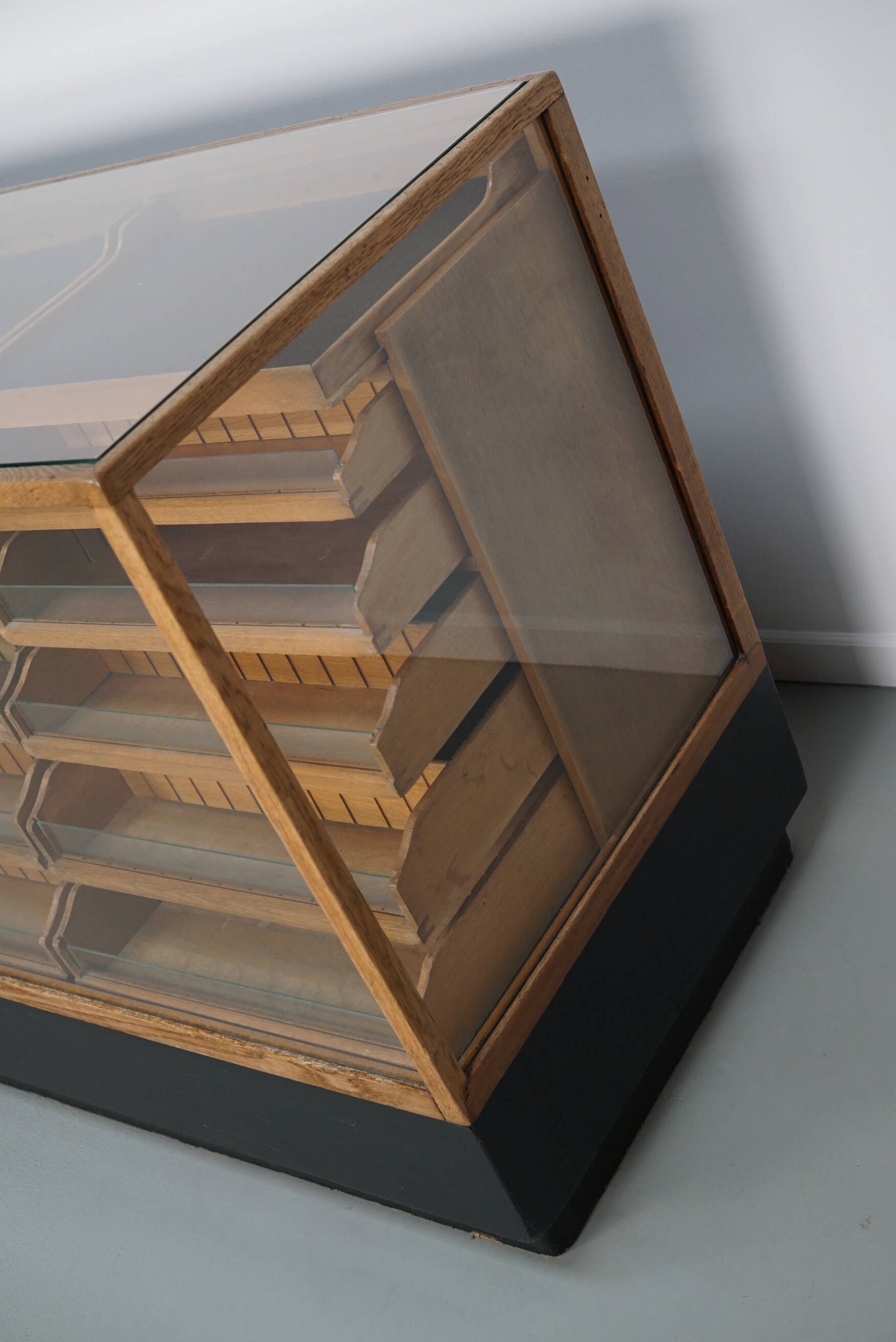 Vintage German Oak Glass Shop Counter Haberdashery Cabinet Vitrine, ca 1950