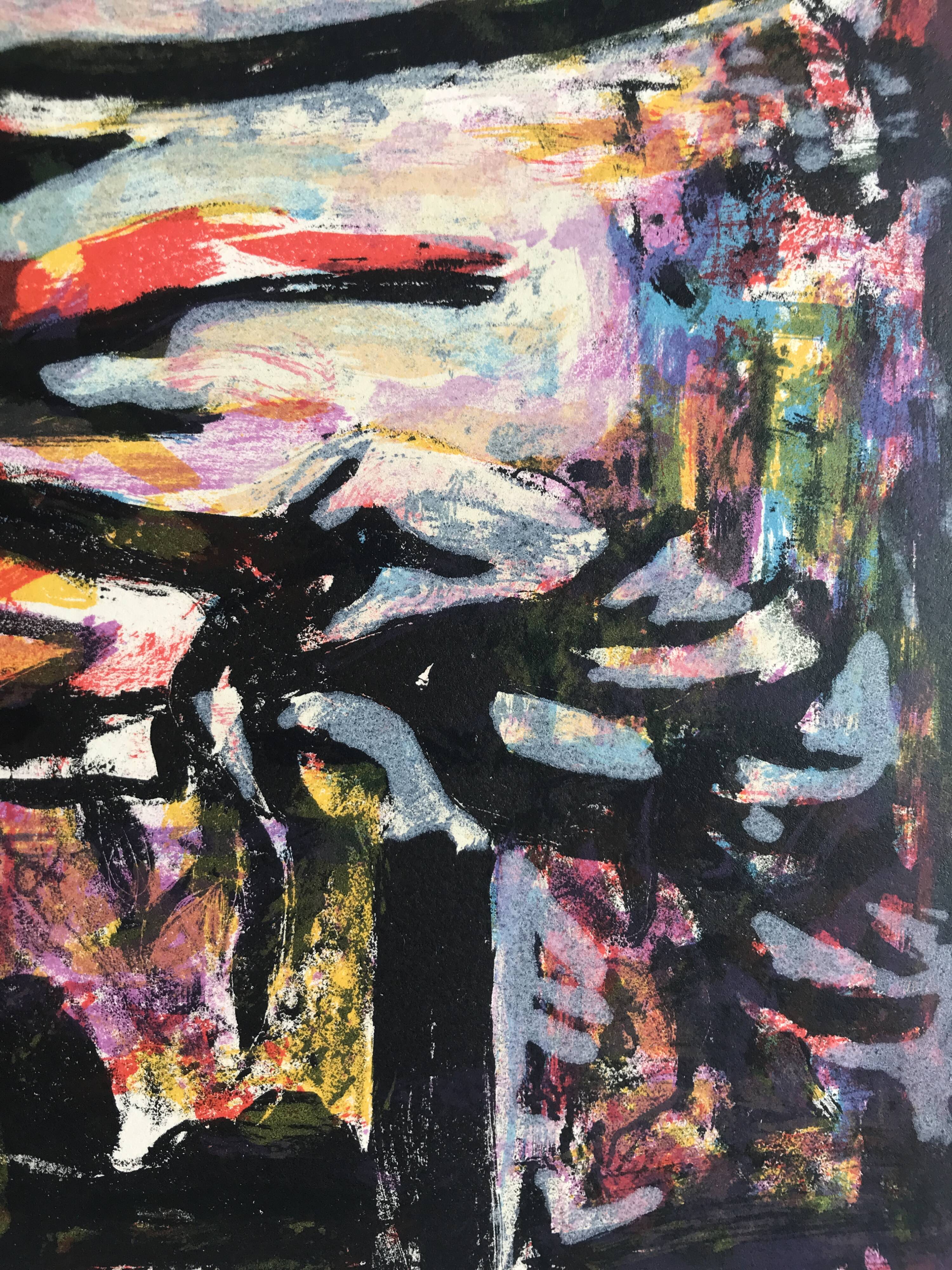 Yvette alde, flowers and birds, c 1950. lithograph signed in pencil