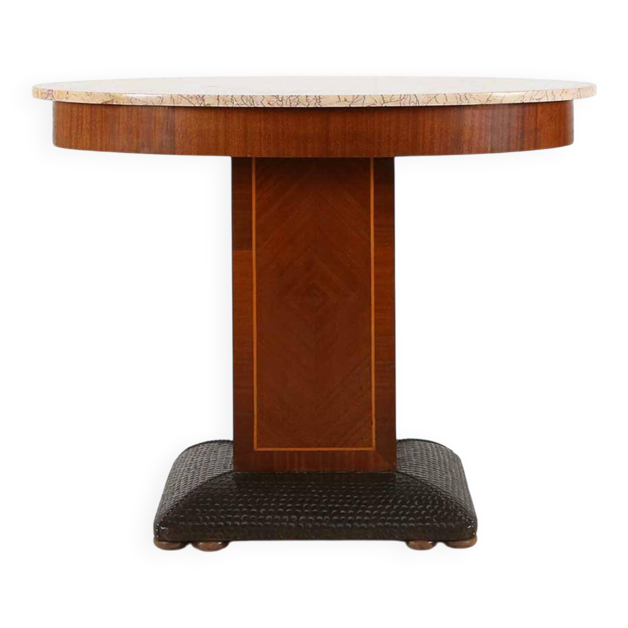 Art Deco side table by De Coene Freres with wood inlay and marble top, 1930s