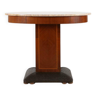 Art Deco side table by De Coene Freres with wood inlay and marble top, 1930s