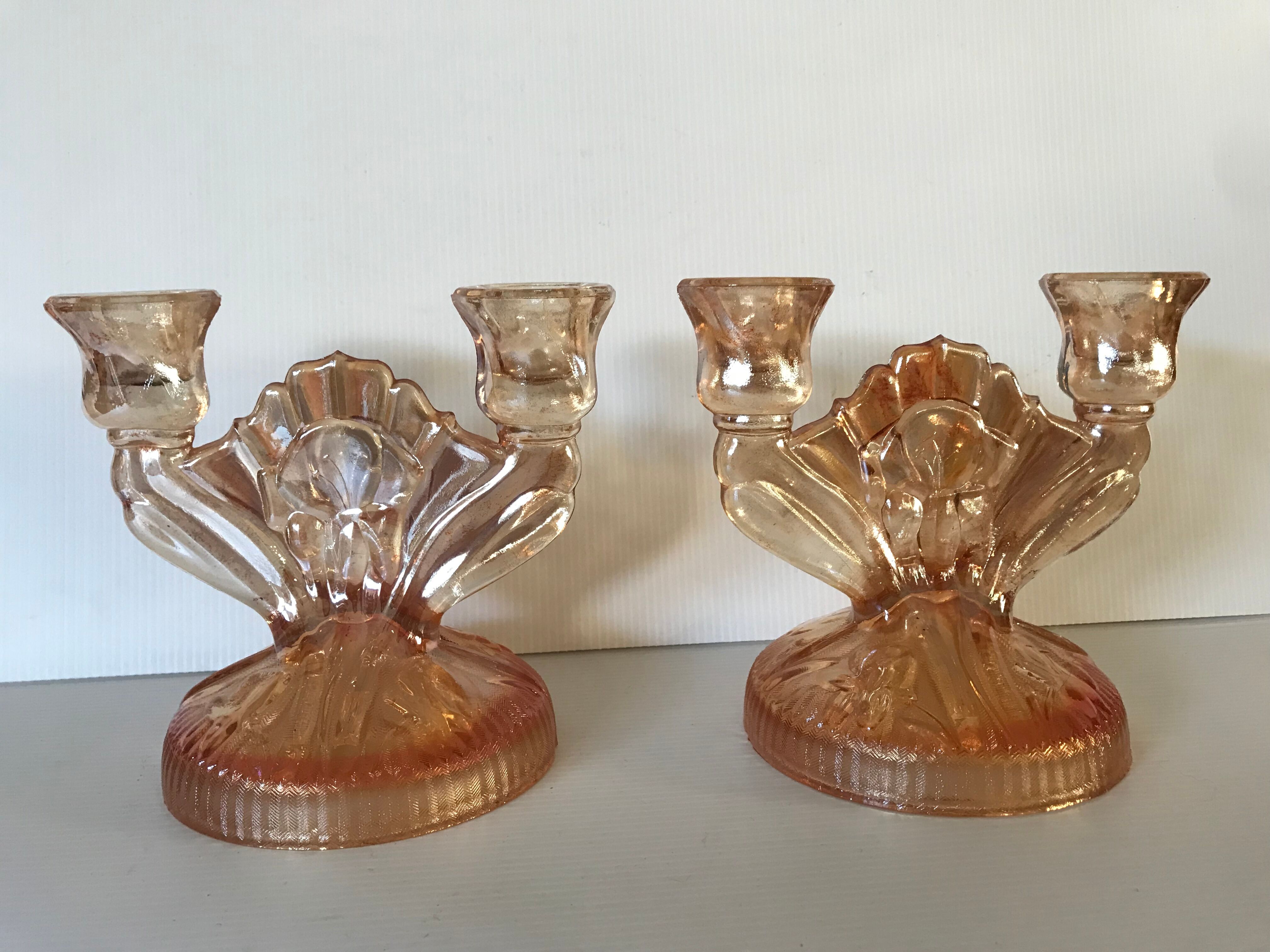 pair of Art Deco iridescent glass candle holders