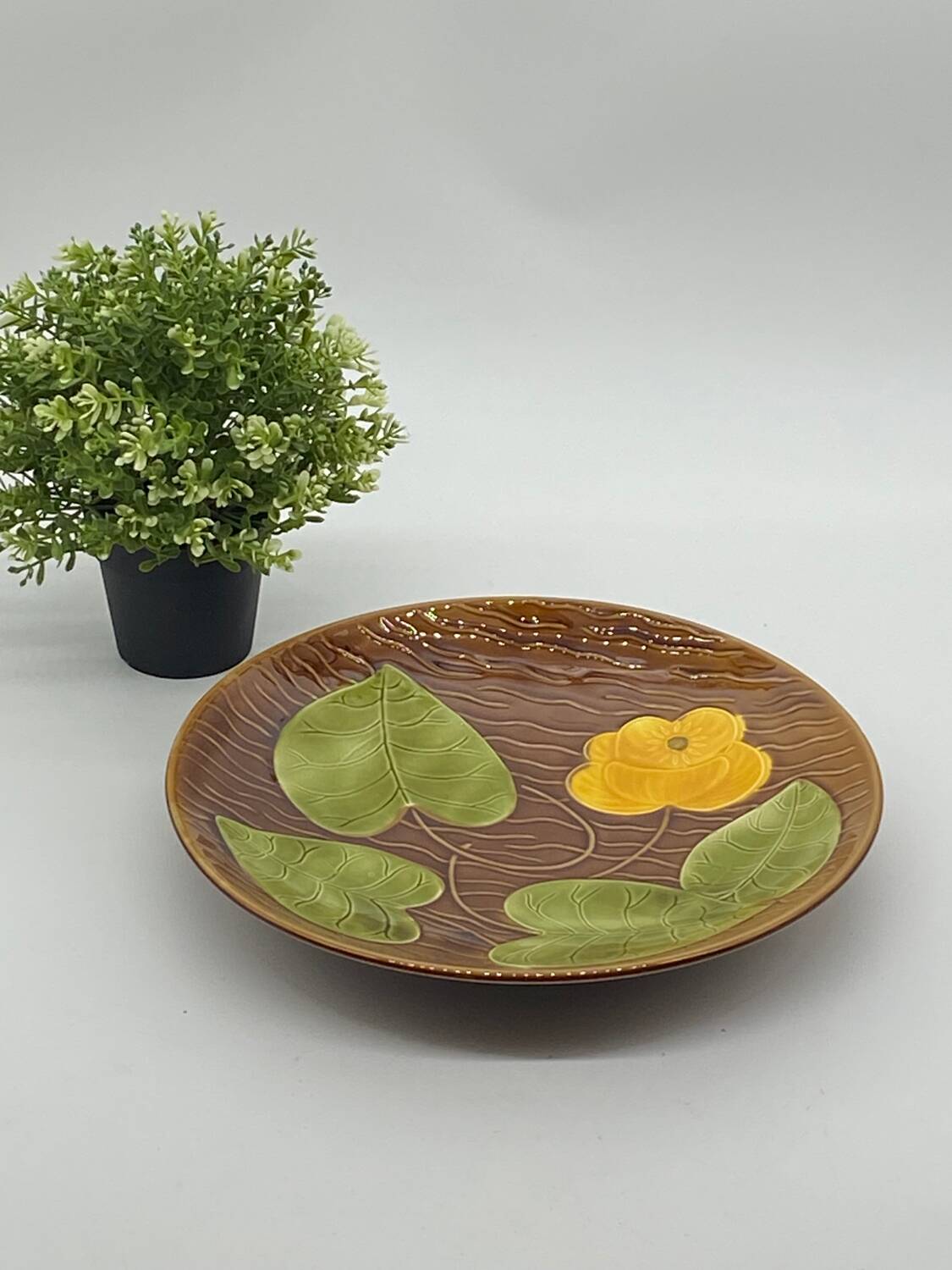 Ceramic dish, Sarreguemines France vintage, yellow flower