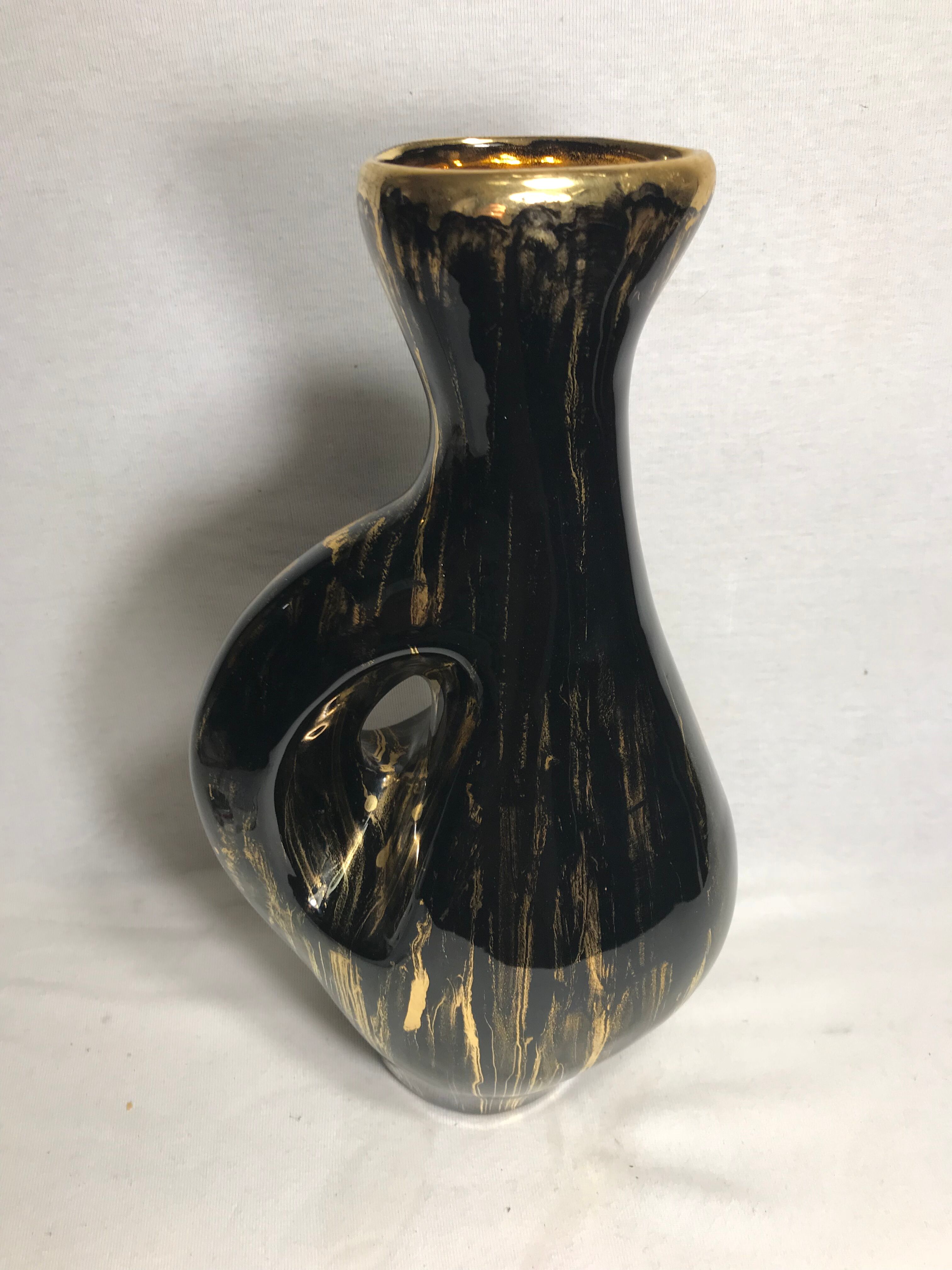 Old glazed ceramic, cove black & gold signed pitcher tess vintage