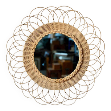 Miroir mural rond rotin tressé fleur soleil bohème années 80 signé Dillense