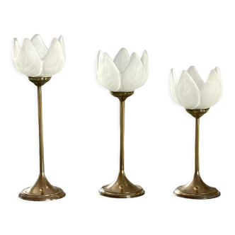 3 glass and brass candle holders