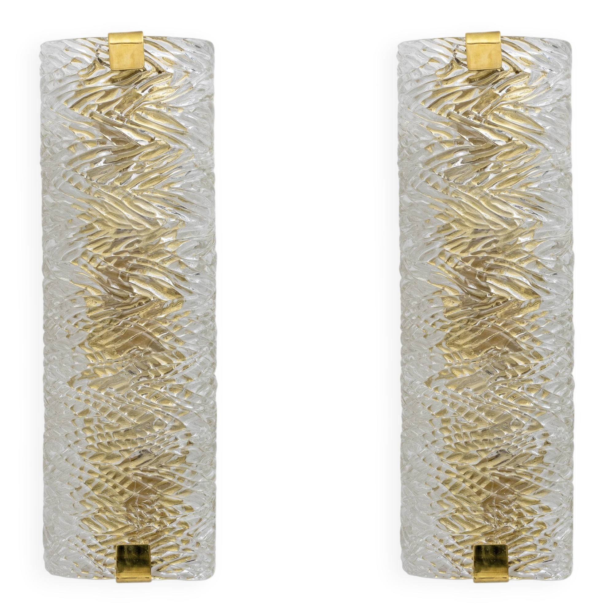 Pair of Modern Italian Brass and Murano Glass Textured Wall Sconces