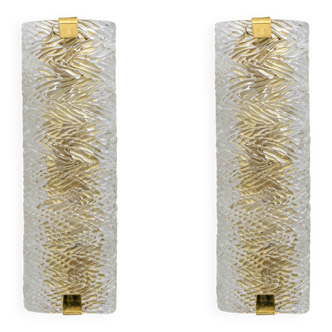 Pair of Modern Italian Brass and Murano Glass Textured Wall Sconces