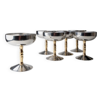 Six Vintage Stainless Steel Champagne Bowls with Gold-Tone Bamboo Stems – Italian 1970s Ice-Cream Cups